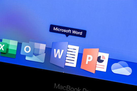 Microsoft Word app on the display MacBook closeup. Microsoft Services. Microsoft Word - a word processor designed to create, view and edit text documents. Moscow, Russia - August 24, 2019