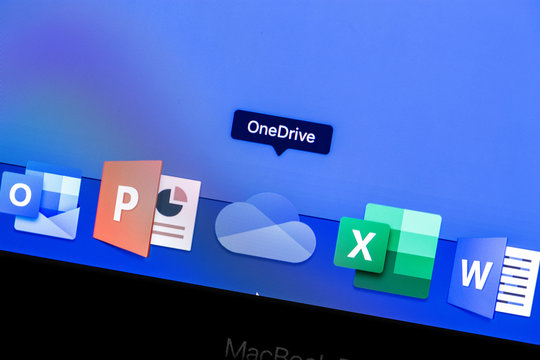 Microsoft OneDrive app on the display MacBook closeup. OneDrive - Microsoft Cloud Storage. Moscow, Russia - August 24, 2019