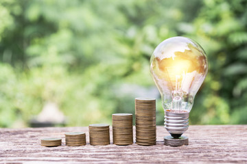 Energy saving light bulb  stacks of coins on nature background.