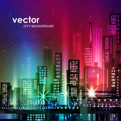Vector night city illustration with neon glow and vivid colors.