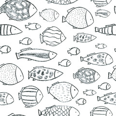 Many fishes swimming in the sea, ocean, aqurium. Seamless pattern. Hand drawn with coal. For fish, sea food restaurant menu, cards, wrapping paper, printing on fabric, shirts, book journal covers..