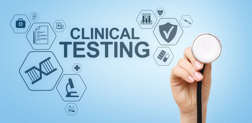 Clinical testing research, Pharmacy and Medicine concept on screen.