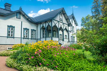 Fototapeta na wymiar Kouvola, Finland - 2 September 2019: The owners residence in Verla at Jaala, Kouvola, Finland, is a well preserved 19th century mill village and a UNESCO World Heritage site.