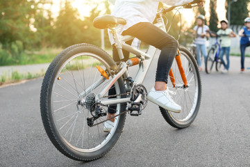 Cute children riding bicycles outdoors