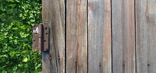 Old rusty door locks on dark boards and green soft grass