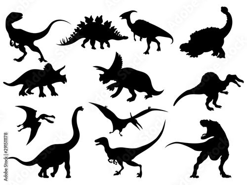 Set Of Dinosaur Silhouettes Collection Of Extinct Animals Black And White Illustration Of Dinosaurs For Children Tattoo Wall Mural Igor