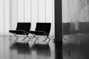 Chairs in Empty Waiting Room. Concept of Emptiness. Still Life in Black and White. Copy Space for Ghosts.