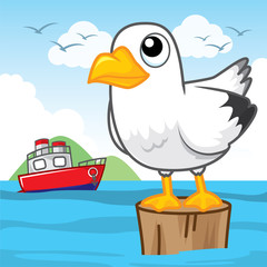 Obraz na płótnie Canvas Seagull on the log at the seashore cartoon, animal cartoon