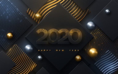 Happy New 2020 Year. Vector holiday illustration. Black paper numbers textured with glittering golden particles on geometric background. Festive banner. Decoration element for poster or cover design