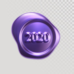 Happy New 2020 Year. Holiday vector illustration of purple wax seal with numbers 2020. Realistic 3d sign isolated on transparent background. Festive poster or banner element design