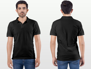 Front and rear view of male model wearing black plain polo t shirt in blue denim jeans pant....