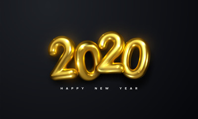 Happy New 2020 Year. Holiday vector illustration of golden metallic numbers 2020 on black background. Realistic 3d sign. Festive poster or banner design