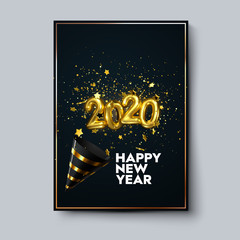 Happy New 2020 Year. Holiday poster template or festive party invitation design. Vector illustration. New Year event decoration of sparkling golden confetti particles, stars, party popper and numbers