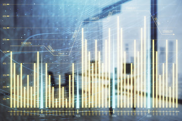 Business theme graph hologram with minimalistic cabinet interior background. Double exposure. Stock market concept.