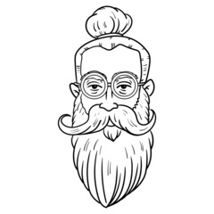 head of a hipsters man with round glasses big mustache and long beard. manbun, outline, cool, casual, comic.
