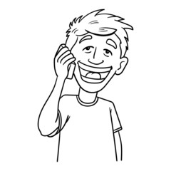 young man holds his smartphone to his ear and laughs. outline comic illustration, vector.
