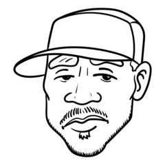 Head of a guy with a cool facial expression and hip hop cap. baseball cap, boredom, oldschool, blue, beard, cap, monochrome, outline.