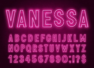 Neon pink font, light alphabet with numbers on a dark background.