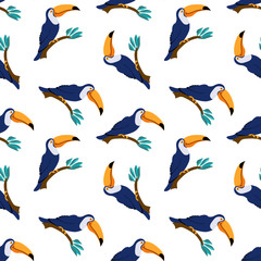 Seamless pattern with cute cartoon toucans sitting on the branch. Exotic birds isolated on white background. Flat vector illustration.