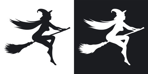 Silhouette of a sexy witch who flies on a broomstick, halloween illustration. Vector icon on black and white background