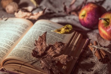 Naklejka na ściany i meble Maple leaf with books and apples on a hessian texture, close up, still life photography