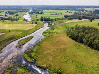 Aerial view of kayaks on Krutynia river on a sunny day, Poland