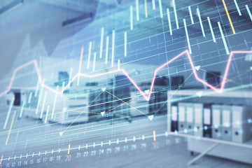 Stock market chart with trading desk bank office interior on background. Double exposure. Concept of financial analysis