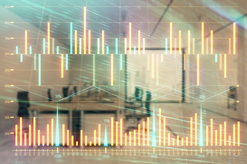 Stock market chart with trading desk bank office interior on background. Double exposure. Concept of financial analysis