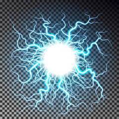 Lightning ball isolated on dark checkered background. Transparent round thunderbolt effect. Realistic lightning decoration pattern. Electric texture design. Vector illustration.