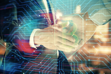 Double exposure of crypto economy theme drawing on cityscape background with handshake. Concept of...