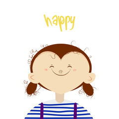 vector cute illustration of a smiling curly girl augmented with Happy sign.