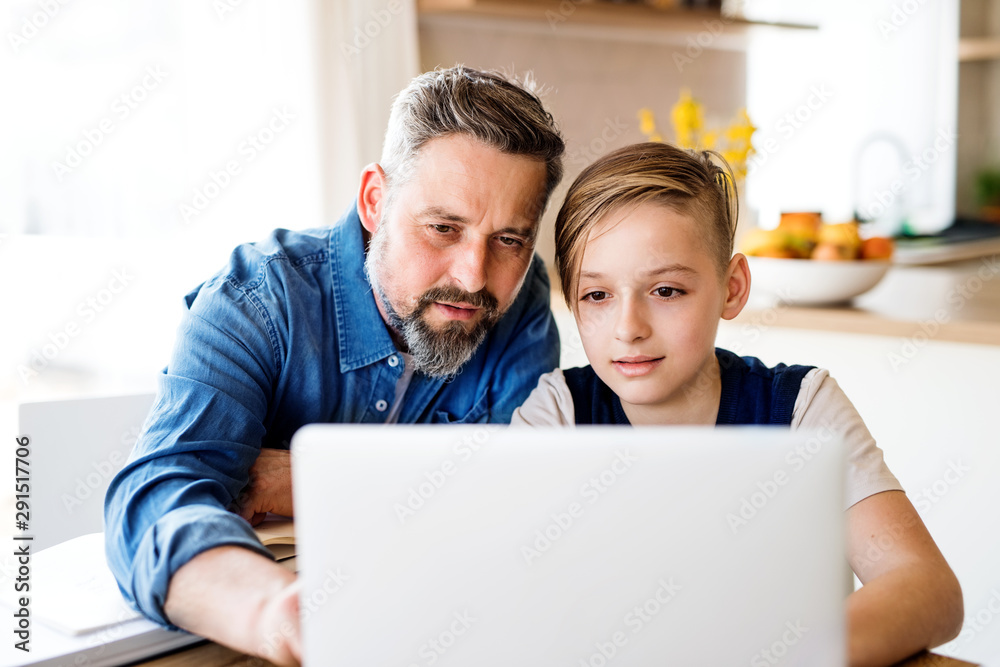 Poster Mature father with small son sitting at table indoors, using laptop.