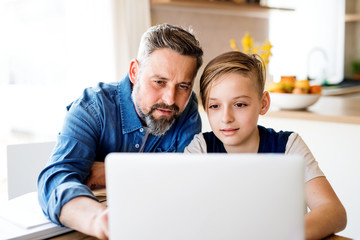 Mature father with small son sitting at table indoors, using laptop.