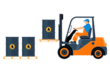 Transportation of goods by forklift. A man on a forklift is transporting oil barrels. Worker in uniform. Vector illustration isolated on white background