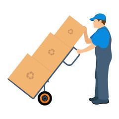 Man delivering pushing a wheelbarrow and transports cargo. Worker in uniform. Vector illustration isolated on white background