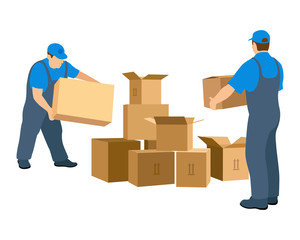 Two men in the relocation service make up the boxes. Worker in uniform. Vector illustration isolated on white background