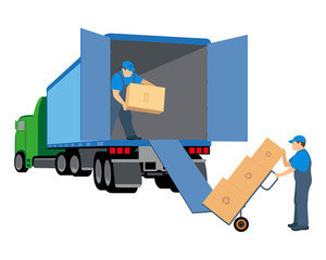The two men in the Moving service load boxes in a truck. Worker in uniform. Vector illustration isolated on white background