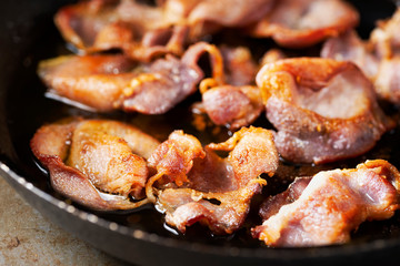 close up of rustic pan fried english back bacon