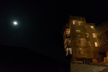 "Casas Colgadas" of Cuenca at night, Spain. Historical buildings of Castilla La-Mancha