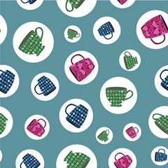Vector Blue Green Pink Coffee Tea Cups Mugs on Green Seamless Repeat Pattern