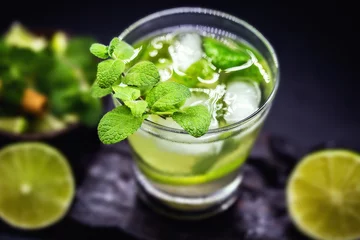 Poster Mojito is a white rum-based cocktail from Cuba. It is known to have flourished in Havana night using native Caribbean ingredients. Typical summer tourist drink. © RHJ