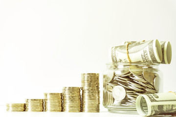 Coins stacked on each other in different positions. Saving money and account finance bank business...