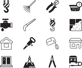 home vector icon set such as: steel, fabrication, plumbing, cement, website, plugger, fix, pneumatic, innovation, cook, natural, supply, burst, project, pliers, improvement, boutique, sanitation