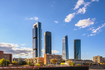 Madrid Spain, city skyline at financial district center with four towers - obrazy, fototapety, plakaty