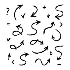 Set of hand drawn charcoal  textured arrows and math signs isolated on a white background. Vector illustration.