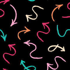 Seamless pattern with hand drawn color charcoal textured arrows on black background. Vector illustration.
