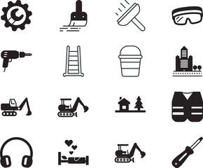 home vector icon set such as: bedroom, pictogram, gear, couple, headphones, brush, screwdriver, ladder, snowboard, can, painter, wrench, health, clothing, stairway, lifestyle, love, travel, portable
