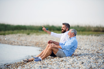 Senior father and mature son sitting by the lake. Copy space.