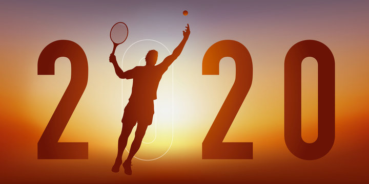 Carte de vœux 2020 sur le thème du sport, avec un joueur de tennis, qui frappe la balle avec sa raquette pour un point gagnant.
