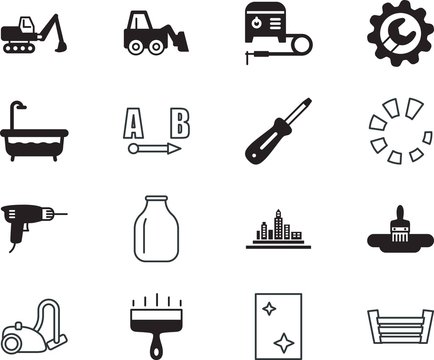 home vector icon set such as: cleaning, downloading, grass, urban, empty, spa, window, hydraulic, cartoon, painter, decoration, soil, mini, round, nobody, journey, road, status, electrode, plan